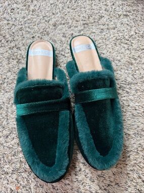 Rag & Co Green Faux Fur Velvet Loafer Mules